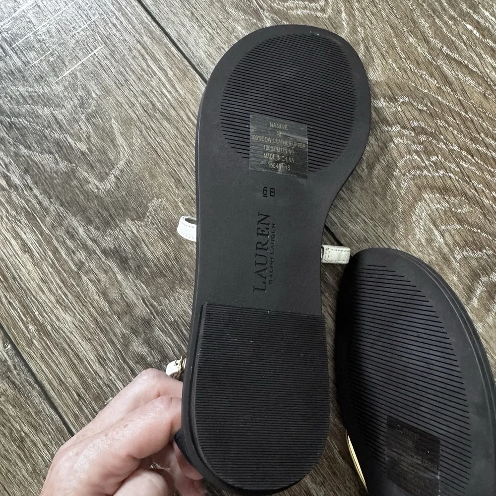 Lauren Ralph Lauren Nanine Leather Sandals Navy White Green Gold Hardware 6B - Picture 6 of 7